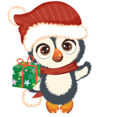 Penguin santa claus with gifts