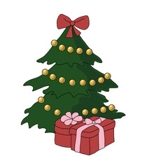 Decorated Christmas tree and two gift boxes. Vector illustration on a white background