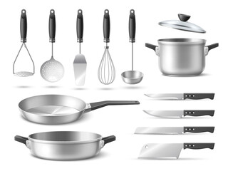 Realistic utensil. Metal kitchenware, cooking tools, pots and frying pans with lids, kitchen stainless accessories, different knives, skimmers and corollas, 3d elements, utter vector set