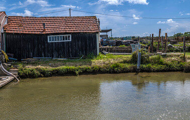 Fototapeta premium Cabane ostréicole au Port-des-Salines sur l'île d'Oléron au Grand-Village-Plage, Charente-Maritime, France