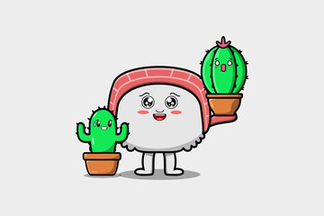 Cute cartoon Sushi character holding cactus plant in pot vector icon illustration