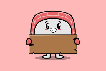 Cute cartoon Sushi character holding blank wooden text board vector icon illustration