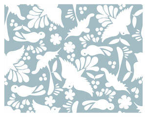 Flying birds background. Blue and white nature pattern - wallpaper