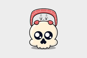 Cute Sushi cartoon character hiding in skull illustration in flat modern design