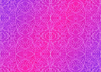Hand-drawn abstract seamless ornament. Neon gradient (plastic pink to proton purple) background and glowing pattern on it. Cloth texture. Digital artwork, A4. (pattern: p02-2b)