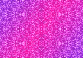 Hand-drawn abstract seamless ornament. Neon gradient (plastic pink to proton purple) background and glowing pattern on it. Cloth texture. Digital artwork, A4. (pattern: p03b)