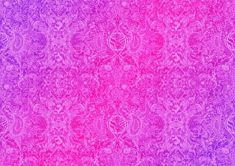 Hand-drawn abstract seamless ornament. Neon gradient (plastic pink to proton purple) background and glowing pattern on it. Cloth texture. Digital artwork, A4. (pattern: p04b)