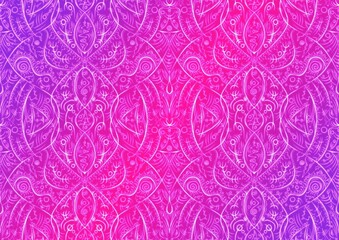 Hand-drawn abstract seamless ornament. Neon gradient (plastic pink to proton purple) background and glowing pattern on it. Cloth texture. Digital artwork, A4. (pattern: p08-2b)