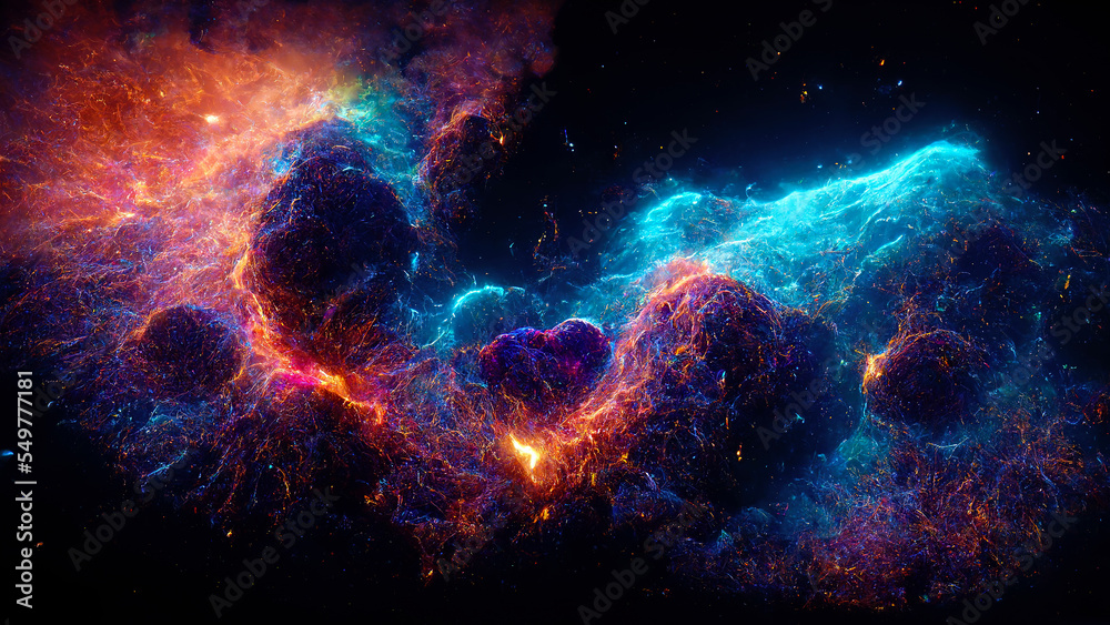 Wall mural galaxy explosion. space nebula. big bang. neon red blue color glowing stardust cloud constellation r