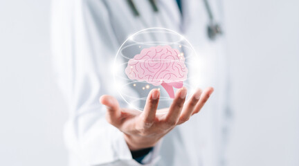 doctor in a white coat select and checkup head brain virtual icon.  idea, innovation, asking study concept...
