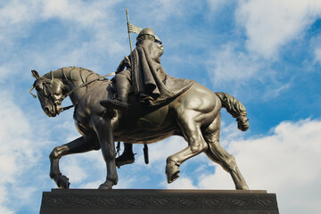 Fototapeta premium Statue of St Wenceslas under sky, from side. Prague. Czech Republic.