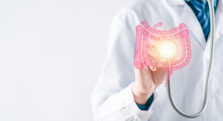 doctor in a white coat hands holding stomach with intestine virtual icon, probiotics food for gut...