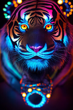 Psychedelic Muscular Tiger With Glowing Eyes From A Nightmare Before Christmas By Tim Burton, Antihero, Intricate Detail, Model Photography, Fashion Photography,