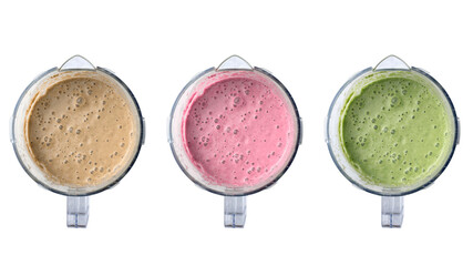 Set of colorful smoothies and shakes from healthy vegetables and fruits, foam, top view, isolated on white