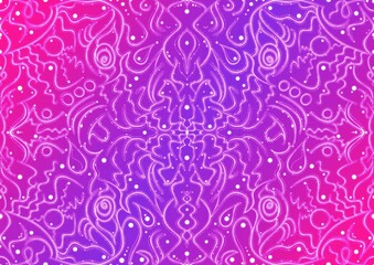 Hand-drawn abstract seamless ornament. Neon gradient (plastic pink to proton purple) background and glowing pattern on it. Cloth texture. Digital artwork, A4. (pattern: p07-2a)