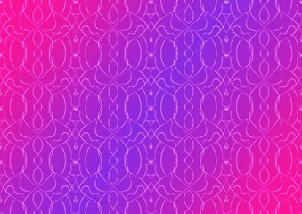 Hand-drawn abstract seamless ornament. Neon gradient (plastic pink to proton purple) background and glowing pattern on it. Cloth texture. Digital artwork, A4. (pattern: p08-1c)