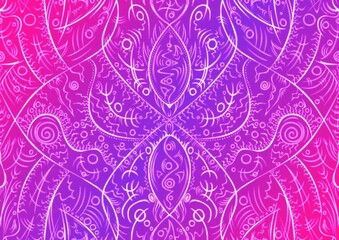 Hand-drawn abstract seamless ornament. Neon gradient (plastic pink to proton purple) background and glowing pattern on it. Cloth texture. Digital artwork, A4. (pattern: p08-2a)