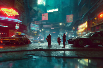 a beautiful isometric diorama of cyberpunk 2077 street on a table, miniature characters, rainy, hyper realistic, intricate details, rich colors. Architectural - obrazy, fototapety, plakaty