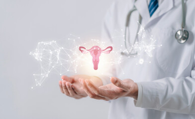 doctor in a white coat holding virtual uterus reproductive system , woman health, PCOS, ovary gynecologic and cervix cancer, Healthy feminine concept - obrazy, fototapety, plakaty