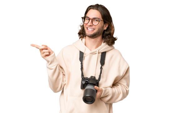 Young photographer man over isolated background pointing finger to the side - Powered by Adobe