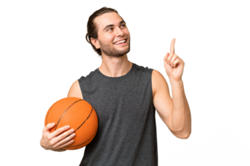 Young basketball player man over isolated background pointing up a great idea