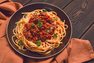 Spaghetti Bolognese, top view, close-up, no people, homemade,