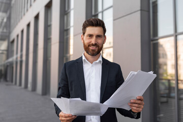 Confident smiling young european man boss with beard analyzes documents near building on city street