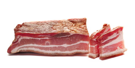 Dried and smoked bacon slice isolated on white  