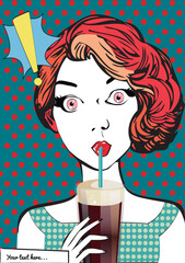 Color illustration pop art girl drinking with a straw. Pop Art woman with wow face