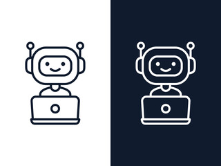 Fototapeta premium Chatbot outline icon. Bot sign design. Cute robot working behind laptop. Smiling customer service robot. Flat line style vector illustration isolated on white and black backgrounds