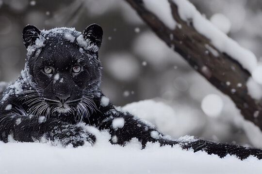 black leopard in snow, photorealistic scene