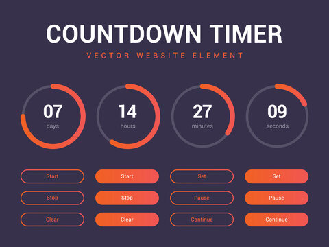 Countdown Timer Vector Website Element With Buttons. Flat Digital Clock Timer Application Template. Countdown Timer For Coming Soon Or Under Construction