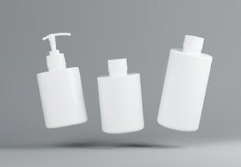 Three different white plastic cosmetic product floating bottles set template on gray background 3D render
