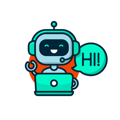 Chatbot icon. Cute smiling robot say Hi behind laptop. Virtual assistant avatar icon. Support customer service chatbot icon. Vector modern line character illustration isolated on white