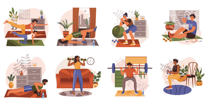 Fitness exercising at home web concept in flat design. Men, women and family doing workout, training with dumbbells or ball, practice yoga. Healthy lifestyle modern people scene.
