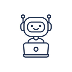 Chatbot line icon. Vector outline symbol of cute smiling robot working behind laptop. Modern linear sign isolated on white background