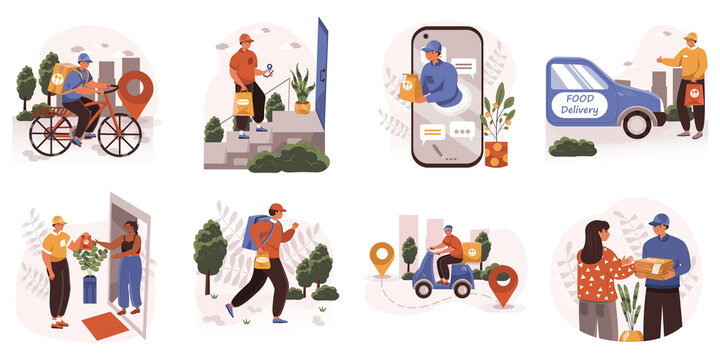 Food delivery service web concept in flat design. Courier on bicycle or moped carries parcel with order to client home, online tracking in app, fast shipping modern people scene.