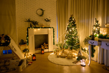 Christmas decorations background in living room at home