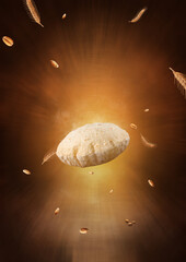 Indian Traditional Cuisine Chapati The Phooli (Air filled) Roti, Fulka flying, Indian Bread, Flatbread, Whole Wheat Flat Bread, Chapati. On dark textured background.