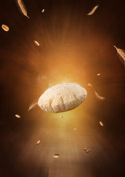 Indian Traditional Cuisine Chapati The Phooli (Air filled) Roti, Fulka flying, Indian Bread, Flatbread, Whole Wheat Flat Bread, Chapati. On dark textured background.