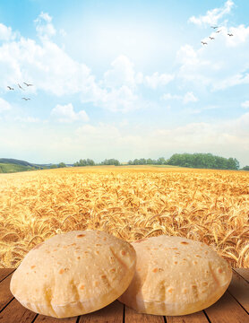 Title: Indian Traditional Cuisine Chapati The Phooli (Air filled) Roti, Fulka flying, Indian Bread, Flatbread, Whole Wheat Flat Bread, Chapati. On dark textured background.