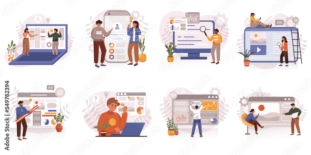 Poster ui and ux designers web concept in flat design. men and women working at project, create website or 