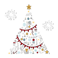 Patterned Christmas tree with snowflakes, stars and Christmas decorations. Doodle template for a greeting card for the new year.