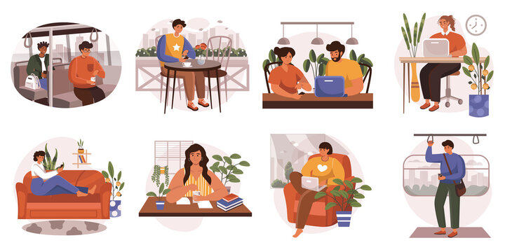 People sit in gadgets web concept in flat design. Men and women browsing at smartphones and laptops at home or outdoor. Online communication and internet addiction modern scene.