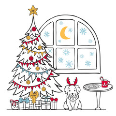 Christmas tree at night in the room by the window in doodle style. Theats for Santa and gifts. Illustration for postcards.