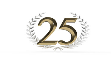 3d golden 25 years anniversary celebration with star background. 3d illustration.