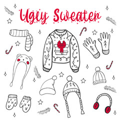 A set of winter warm clothes with one ugly doodle sweater.