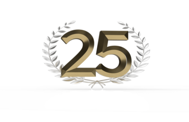 3d golden 25 years anniversary celebration with star background. 3d illustration.