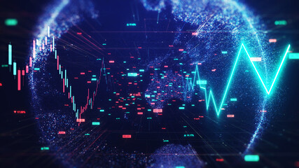 Fototapeta na wymiar Stock market concept. Stock market tickers with a world map and stock indexes, graphs, charts. Digital animation of Stock market prices changing. 