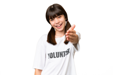 Little volunteer girl over isolated background shaking hands for closing a good deal